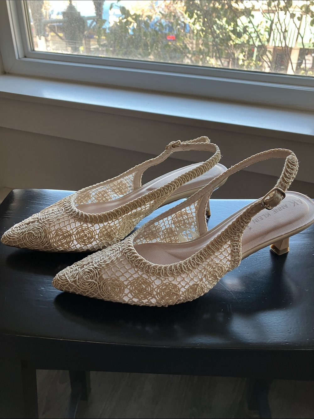 NEW Anne Klein Cream Crochet Slingback Low Heel Pumps